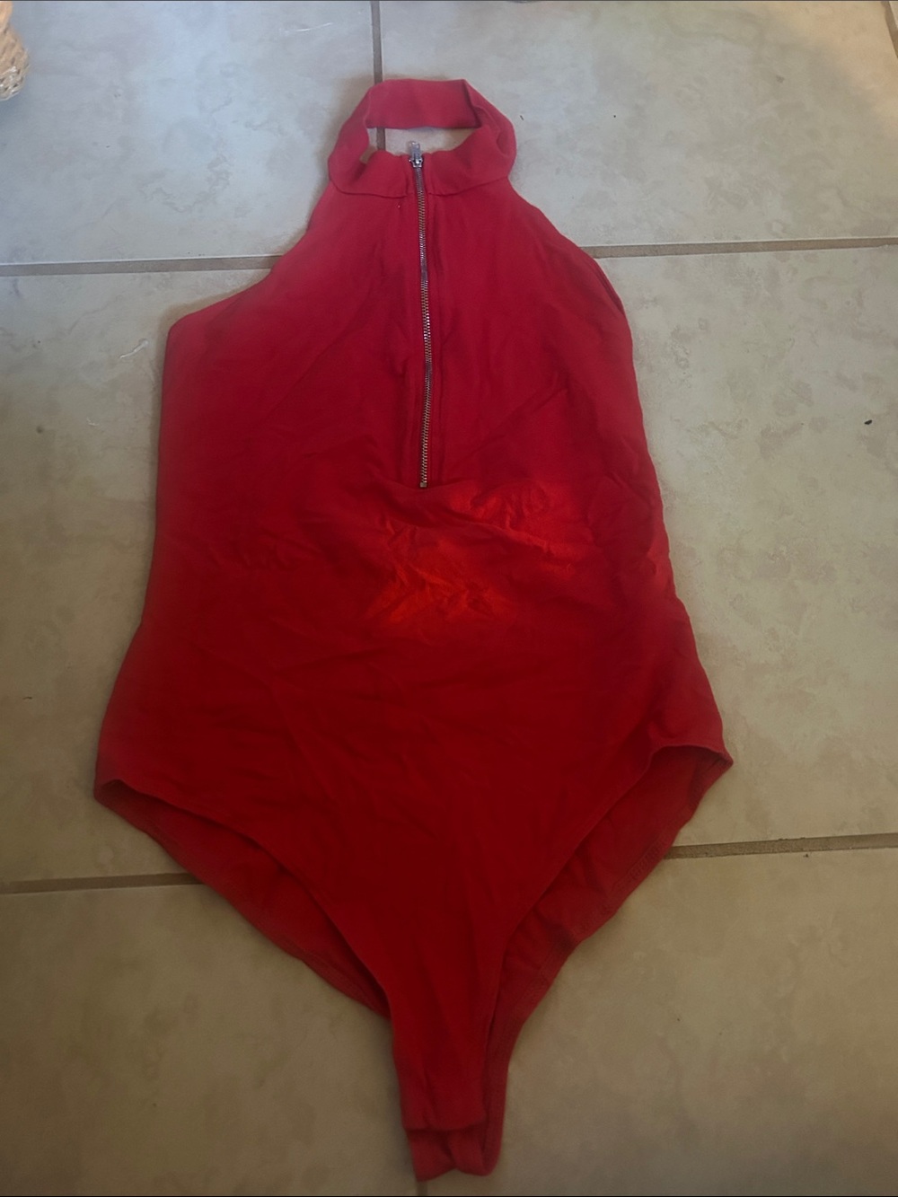 Forever 21 Red Halter Neck Bodysuit with Front Zip Detail
